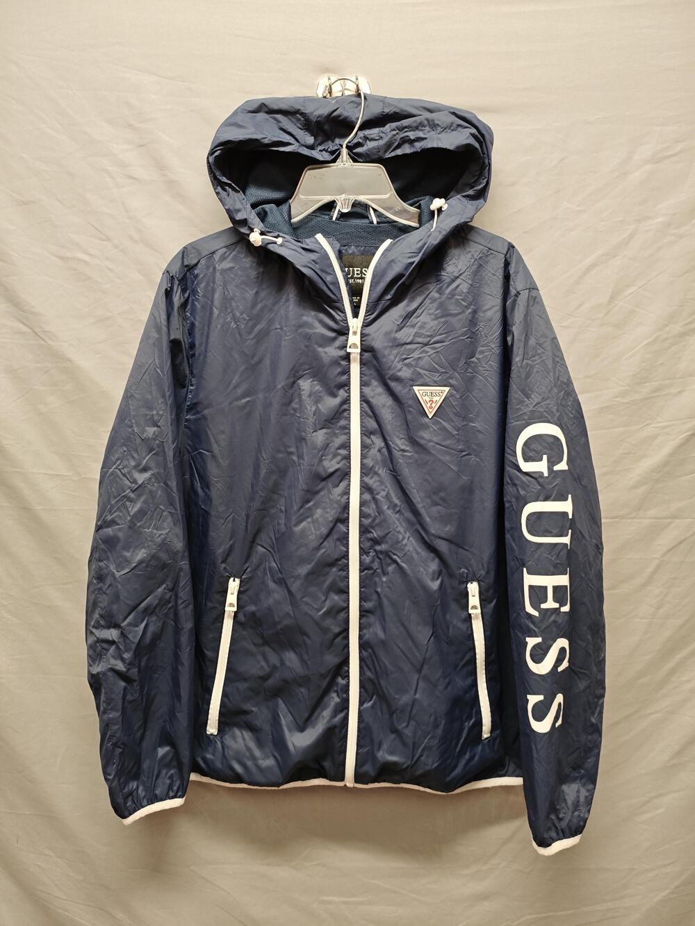 GUESS Jacket Mens Large Navy Hooded Windbreaker Full Zip Mesh Lined Sleeve Logo